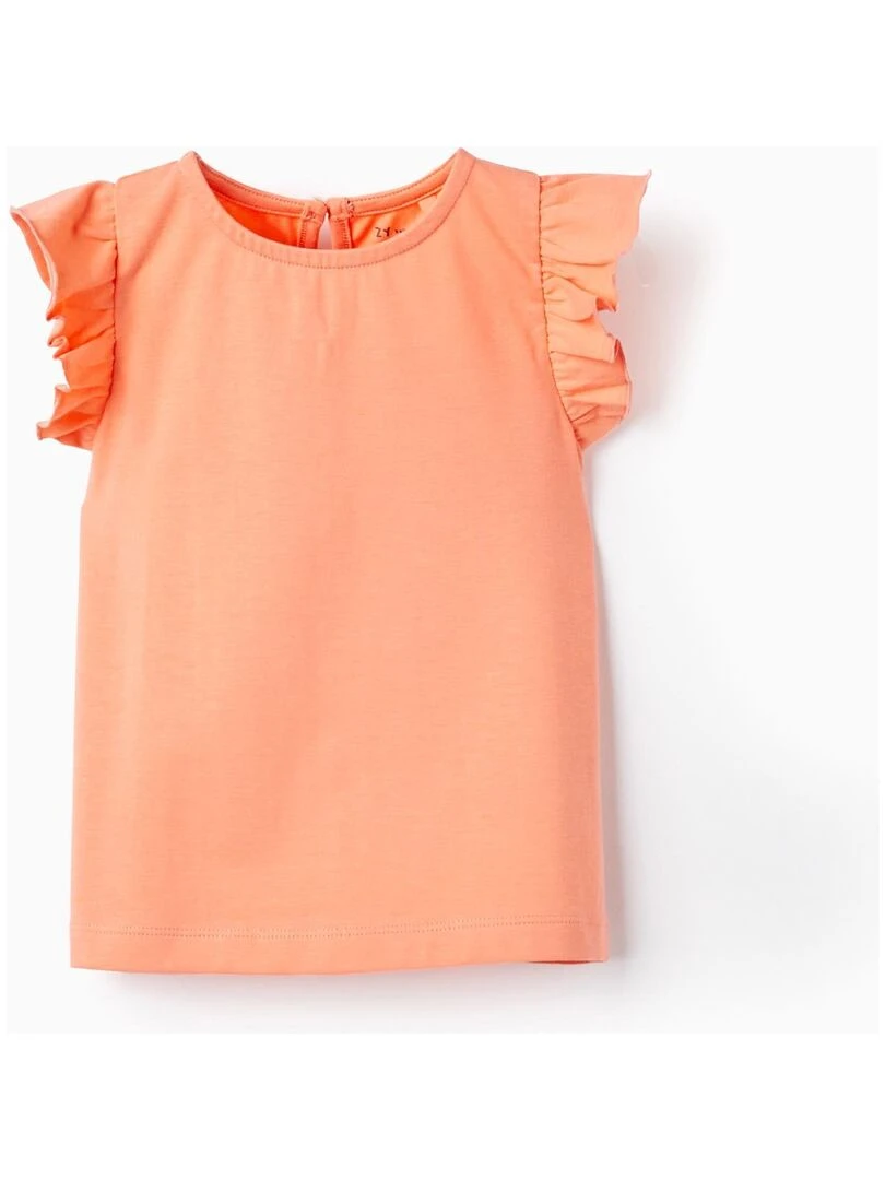 T Shirt En Coton Avec Volants Pour Bébé Fille manches courtes Blanc Orange clair