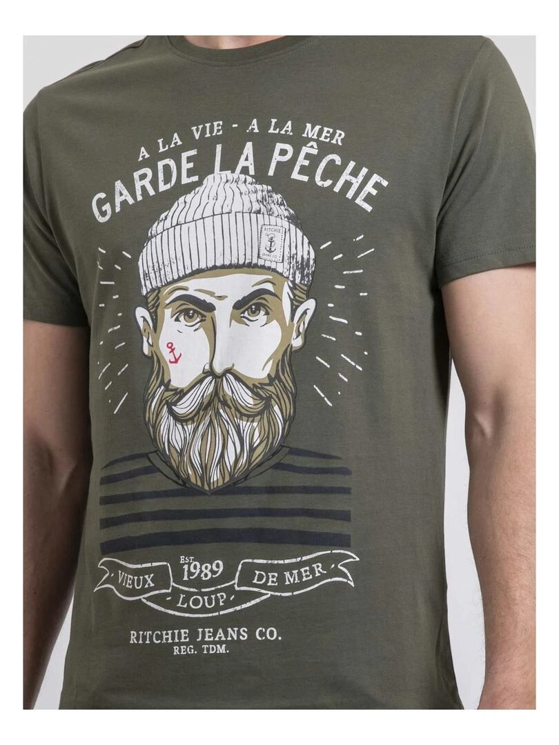 T shirt col rond pur coton NOULANDY   Kaki