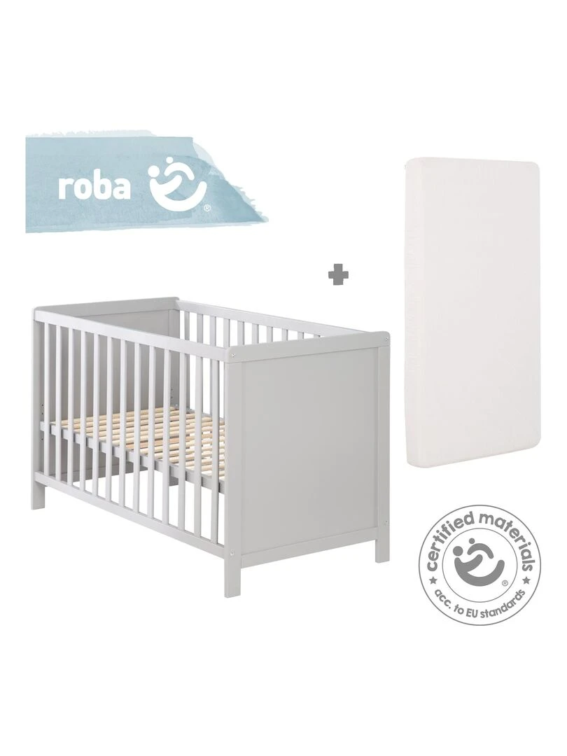 ROBA Lit Bébé et Cododo 60 x 120 cm + Matelas et Sommier   Hauteur Réglable   Gris   Gris
