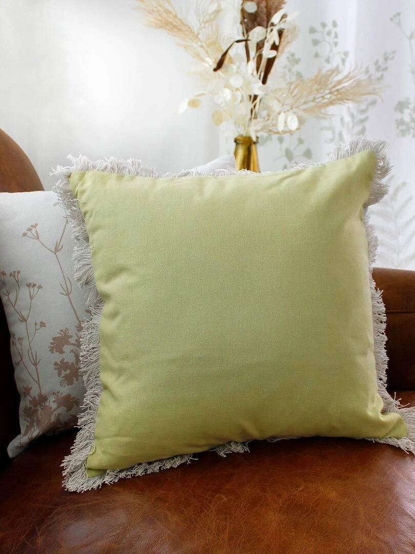 Coussin uni et déhoussable à franges   Vert tilleul