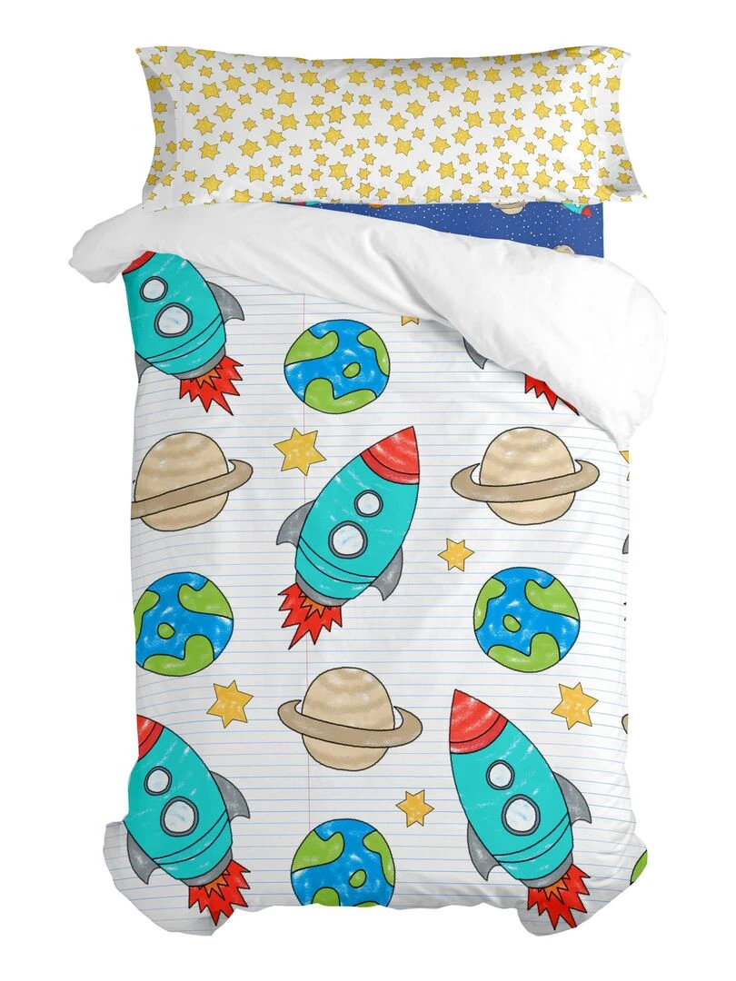 Parure housse de couette 2 pièces Space rocket "Happyfriday"   Bleu Blanc