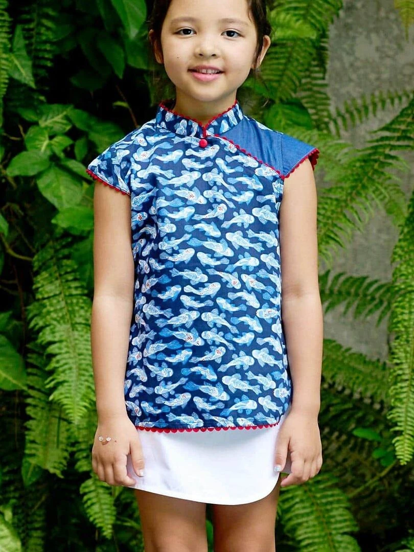 Blouse chinoise poissons khoi ANNAM 'LA FAUTE A VOLTAIRE' Bleu