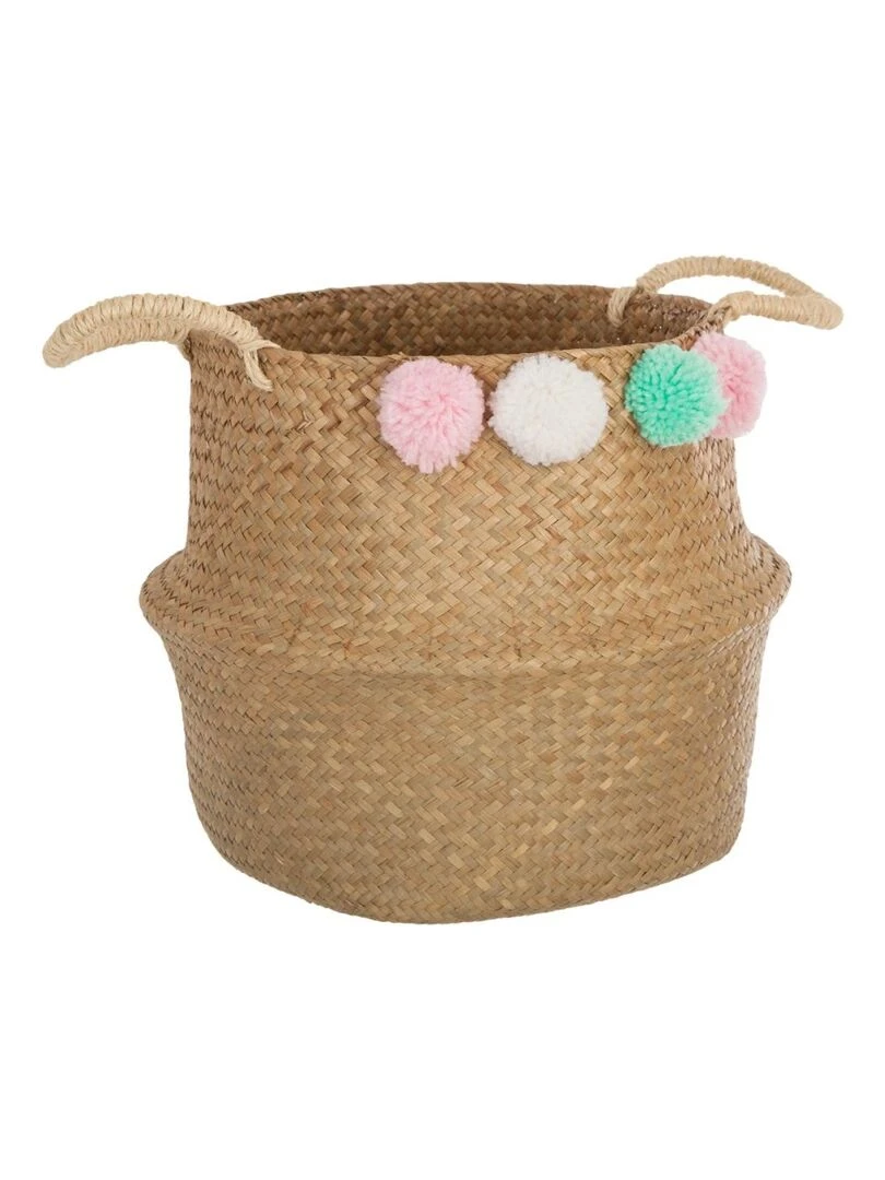 Paniere en paille tressée avec pompons Beige