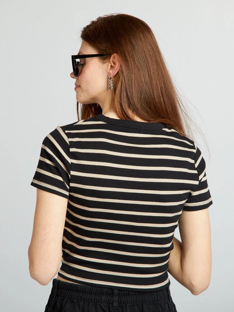 Tee shirt crop top marinière   Noir/beige