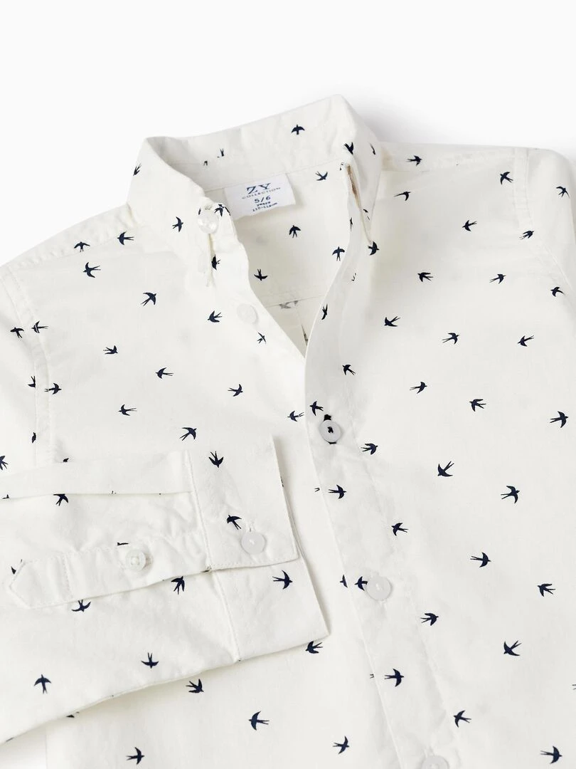 Chemise en coton à motif pour garçon 'Hirondelles' manches longues FLYING BIRDS   Blanc