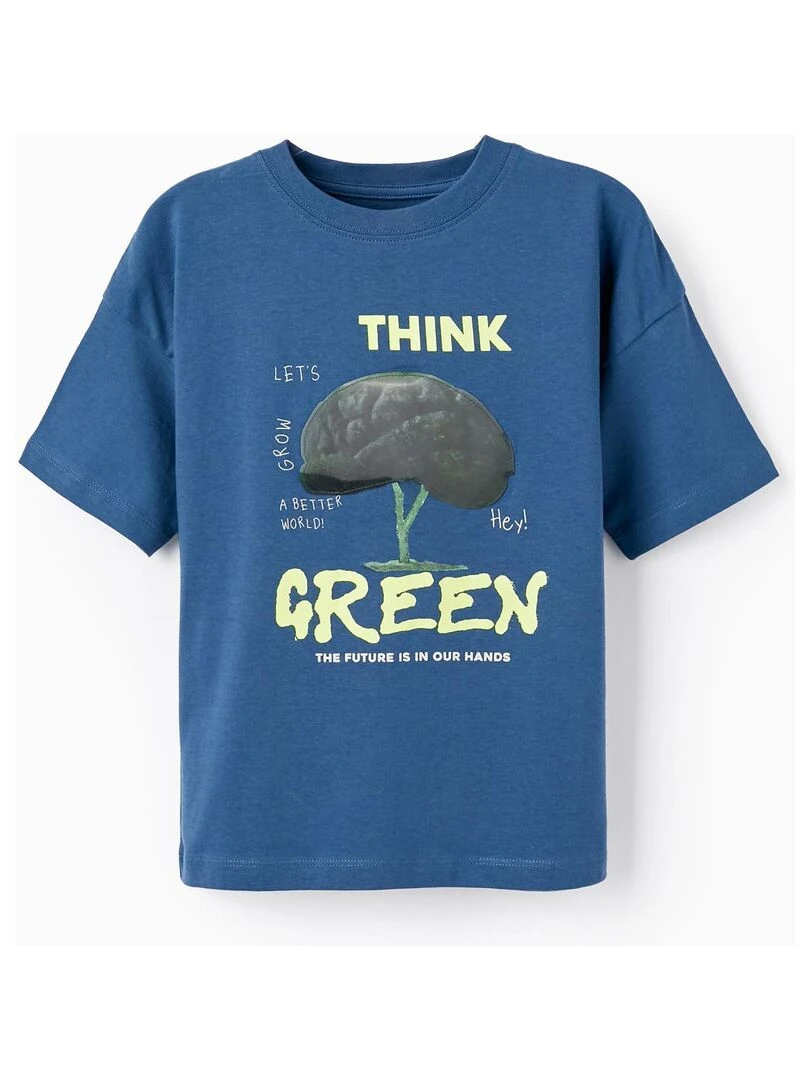 T shirt en coton à effet holographique pour garçon 'Think Green' manches courtes Bleu foncé