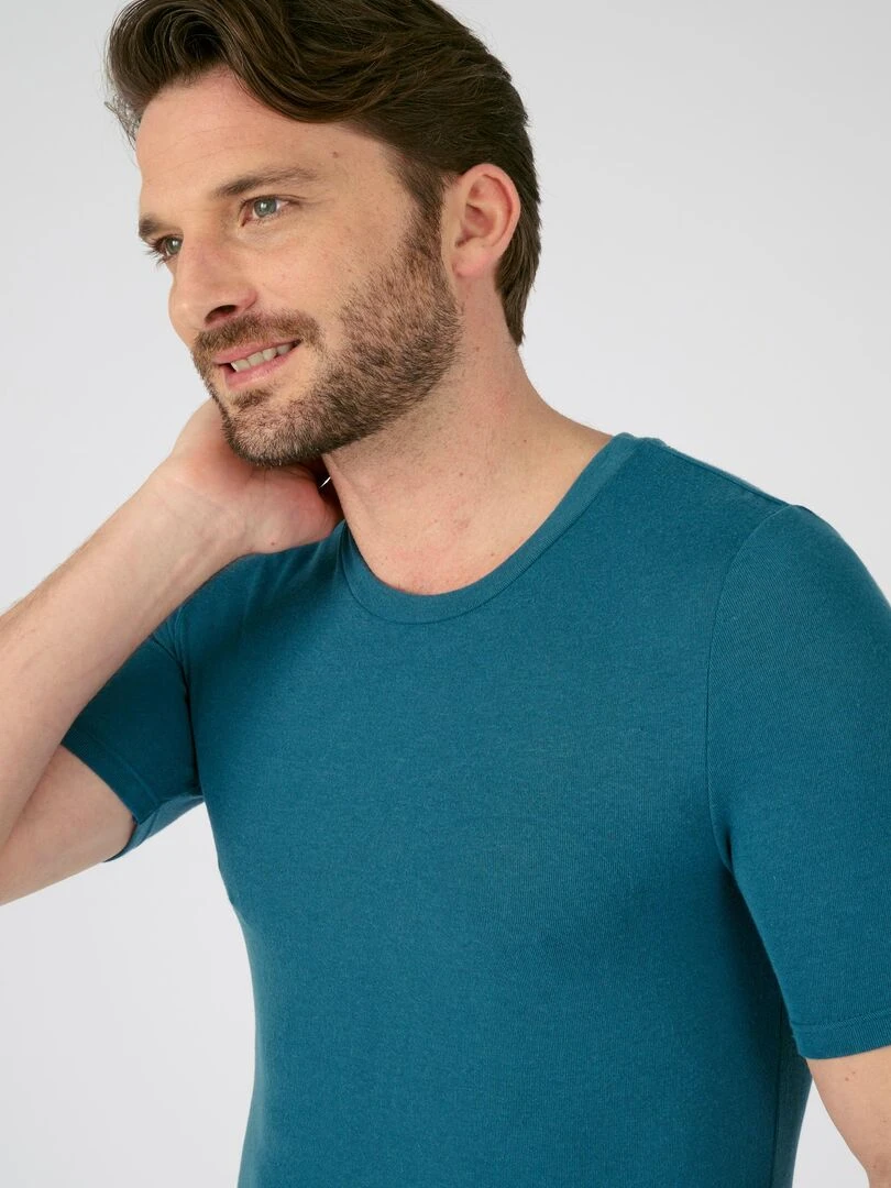 T shirt col rond manches courtes fine côte Thermolactyl   Damart   Bleu pétrole