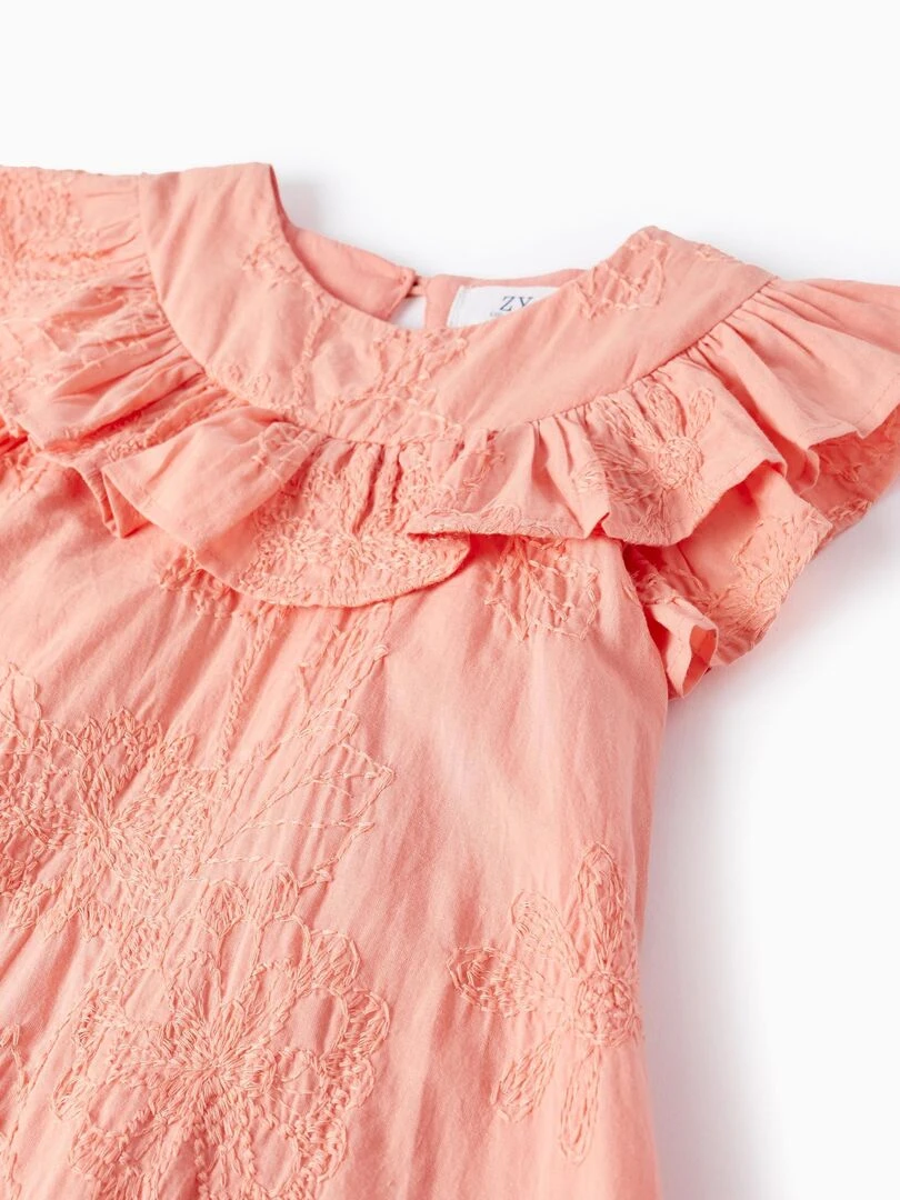 Robe En Coton Avec Broderies Et Volants Pour Fille manches courtes   Rose