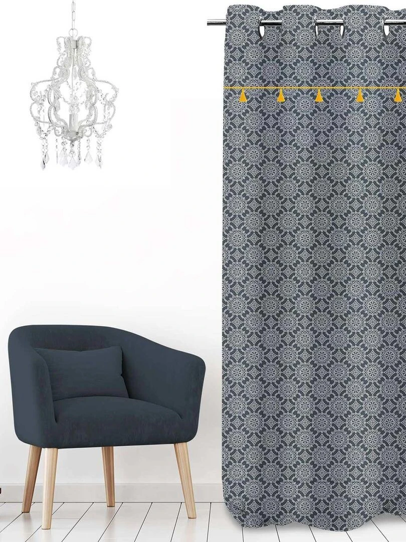Rideau à pompons et à motifs floraux Gris clair