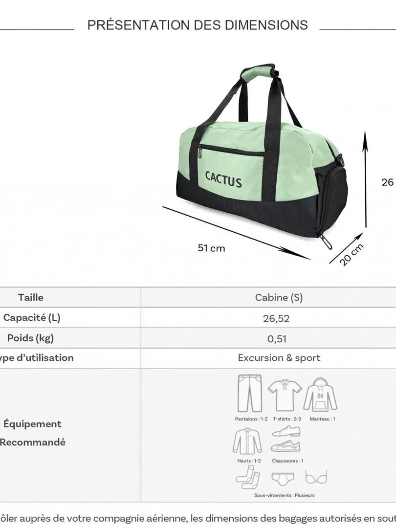 Sac de voyage week end 26L et sport sans roulettes Vert