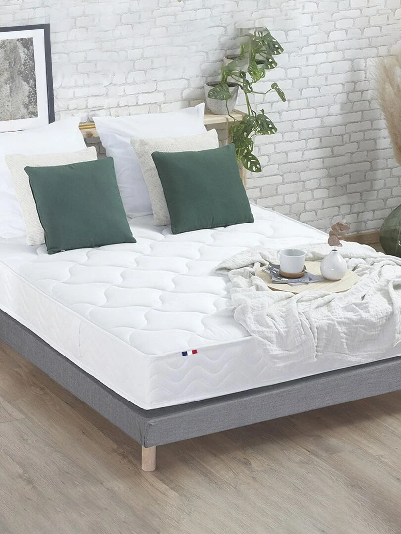 Pack ASTRE Ensemble Matelas Ressorts + Sommier + Couette + Oreillers Made in France Blanc Gris