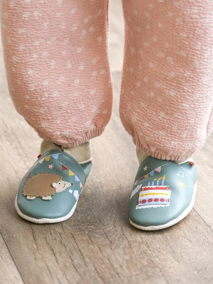 Chaussons bébé cuir souple Hector le hérisson   Vert
