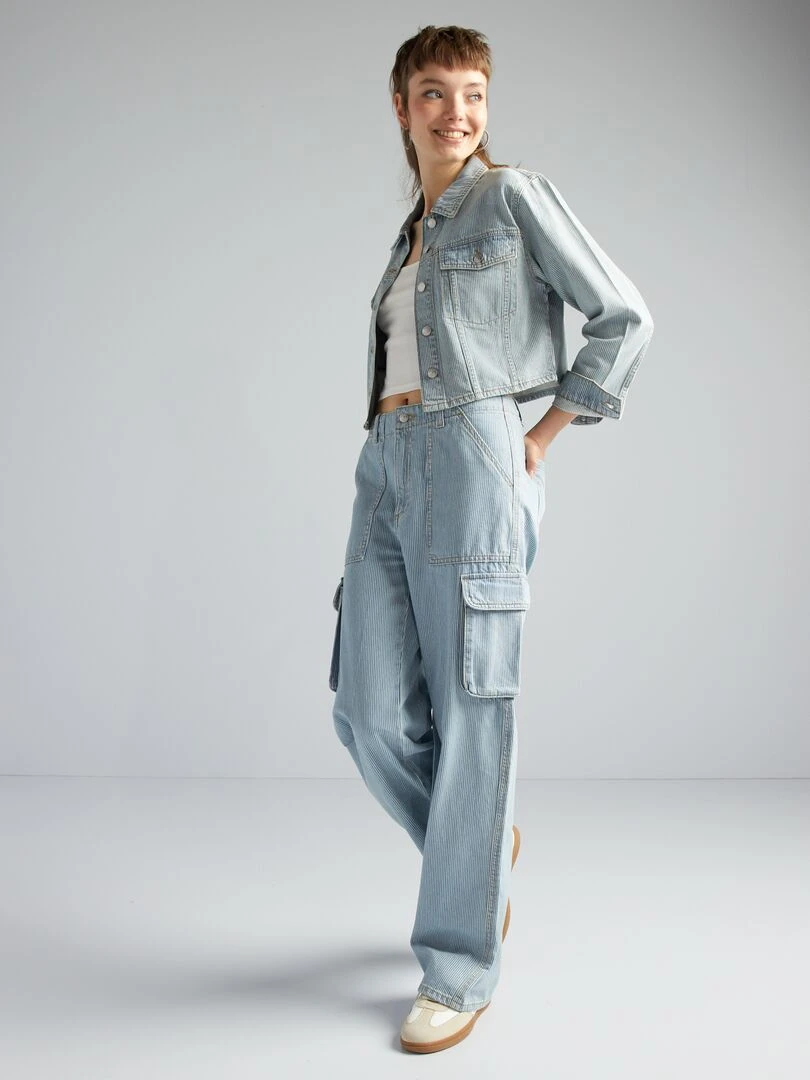 Veste en jean courte à rayures Bleu