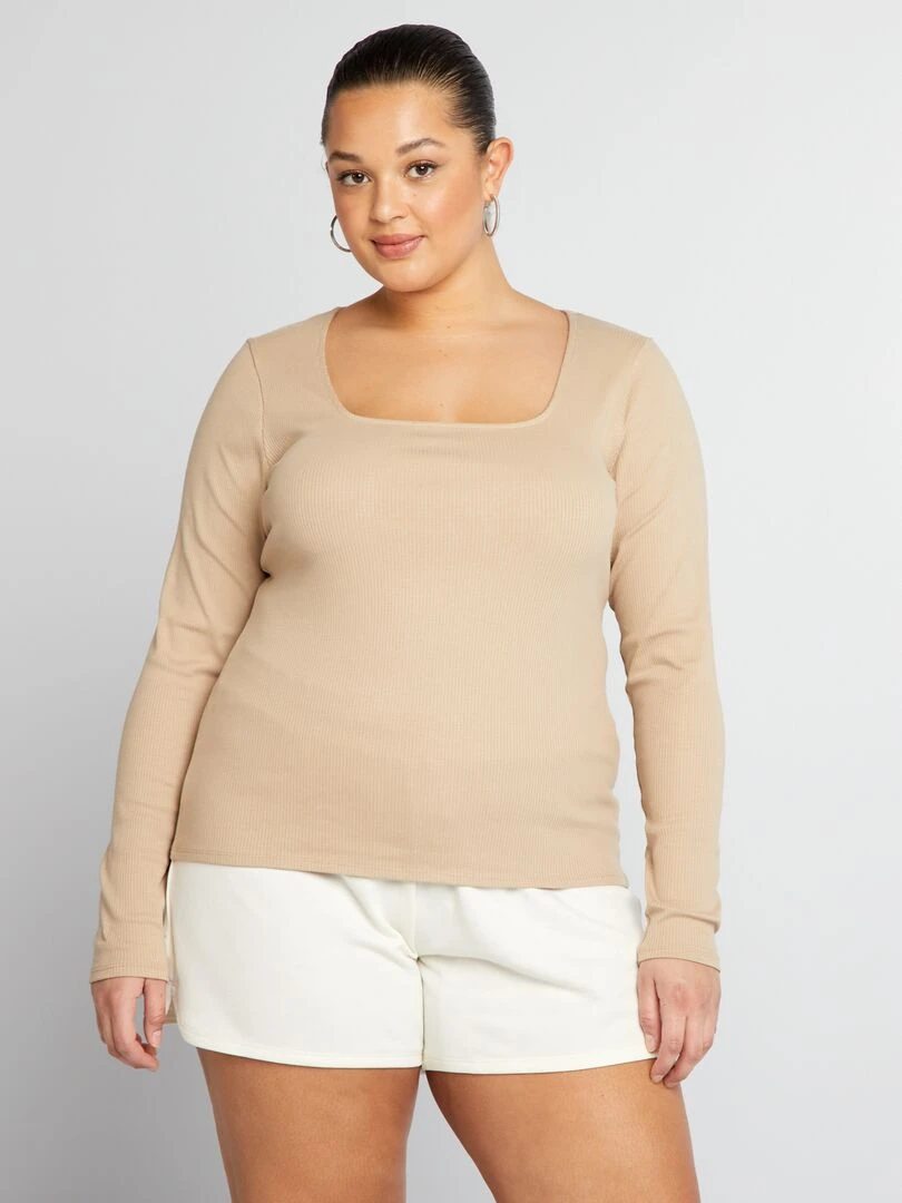 Tee shirt côtelé à encolure carrée   Beige