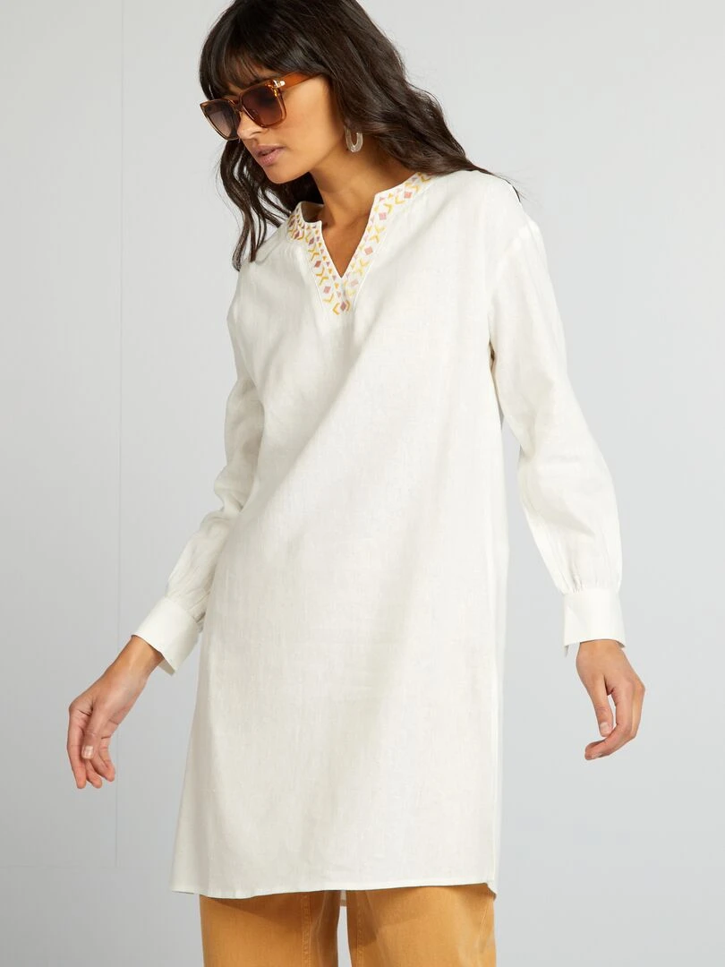 Blouse longue en lin avec col tunisien   Blanc