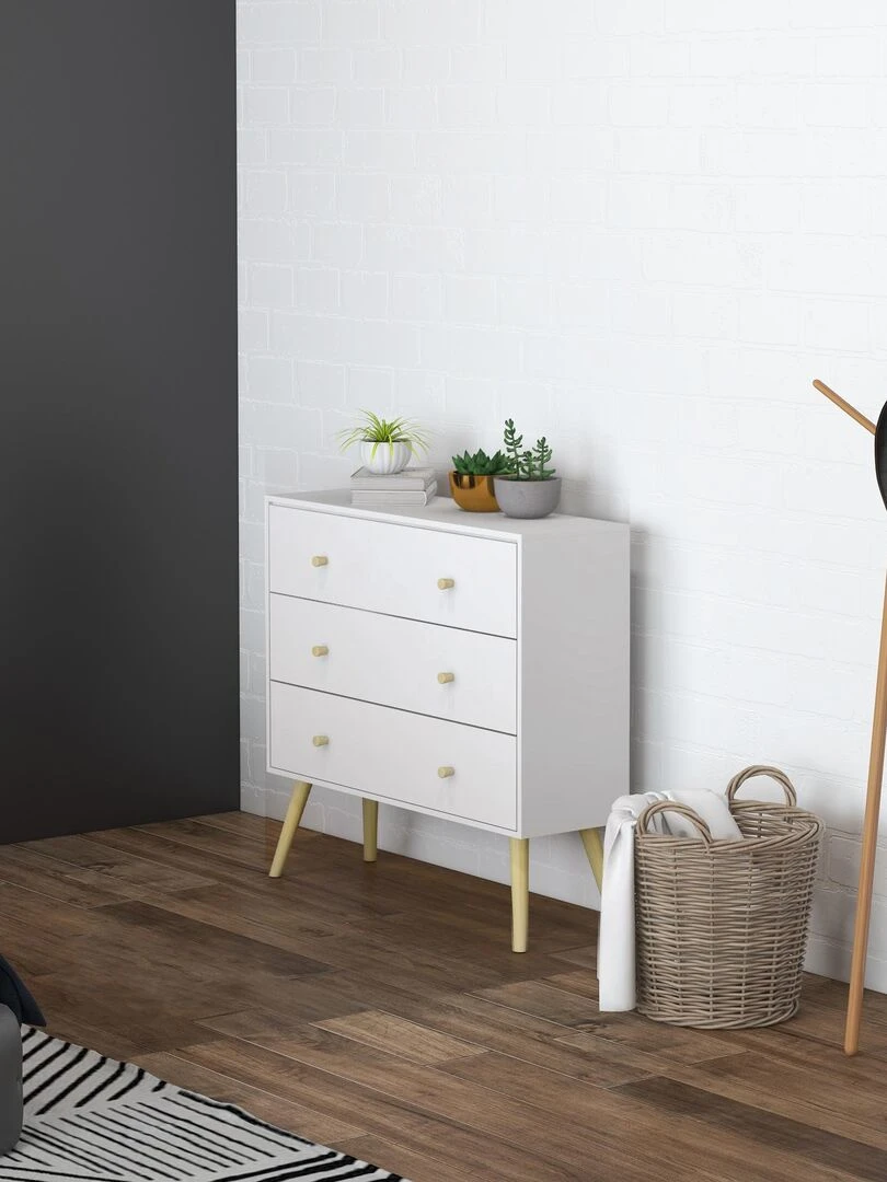 Commode 3 tiroirs design scandinave bois pin panneaux blanc Blanc