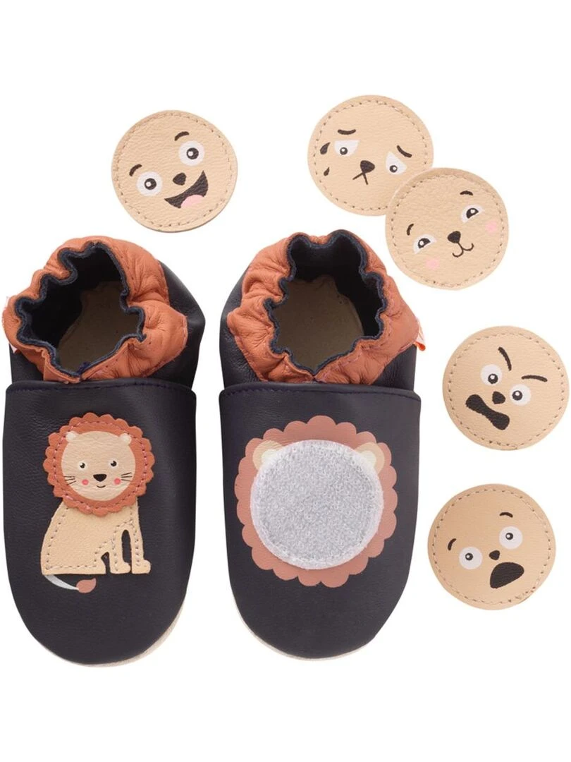 Chaussons bébé cuir souple à émotions lion Bleu marine