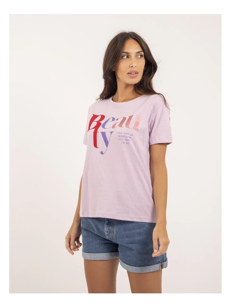 T shirt col rond message FIGUIER   Violet clair