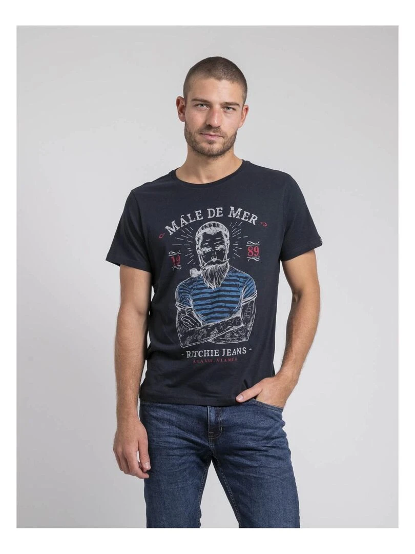 T shirt col rond pur coton JAMEKONG Bleu marine