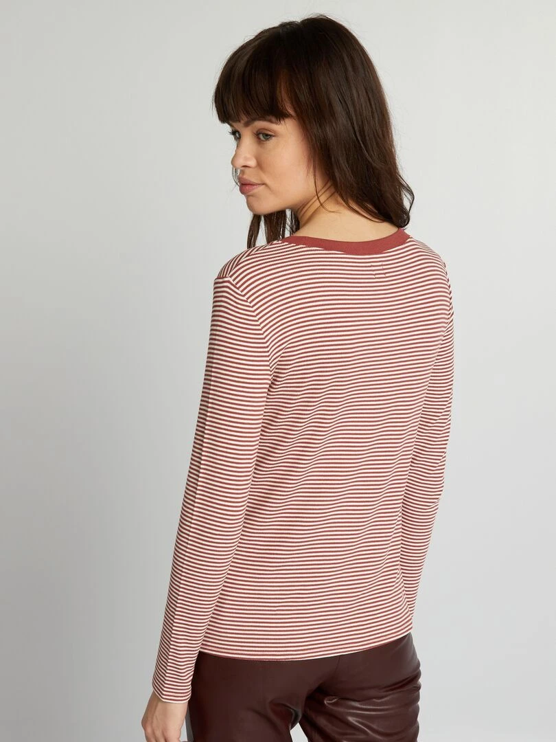 T shirt en maille côtelée stretch   Marron/blanc