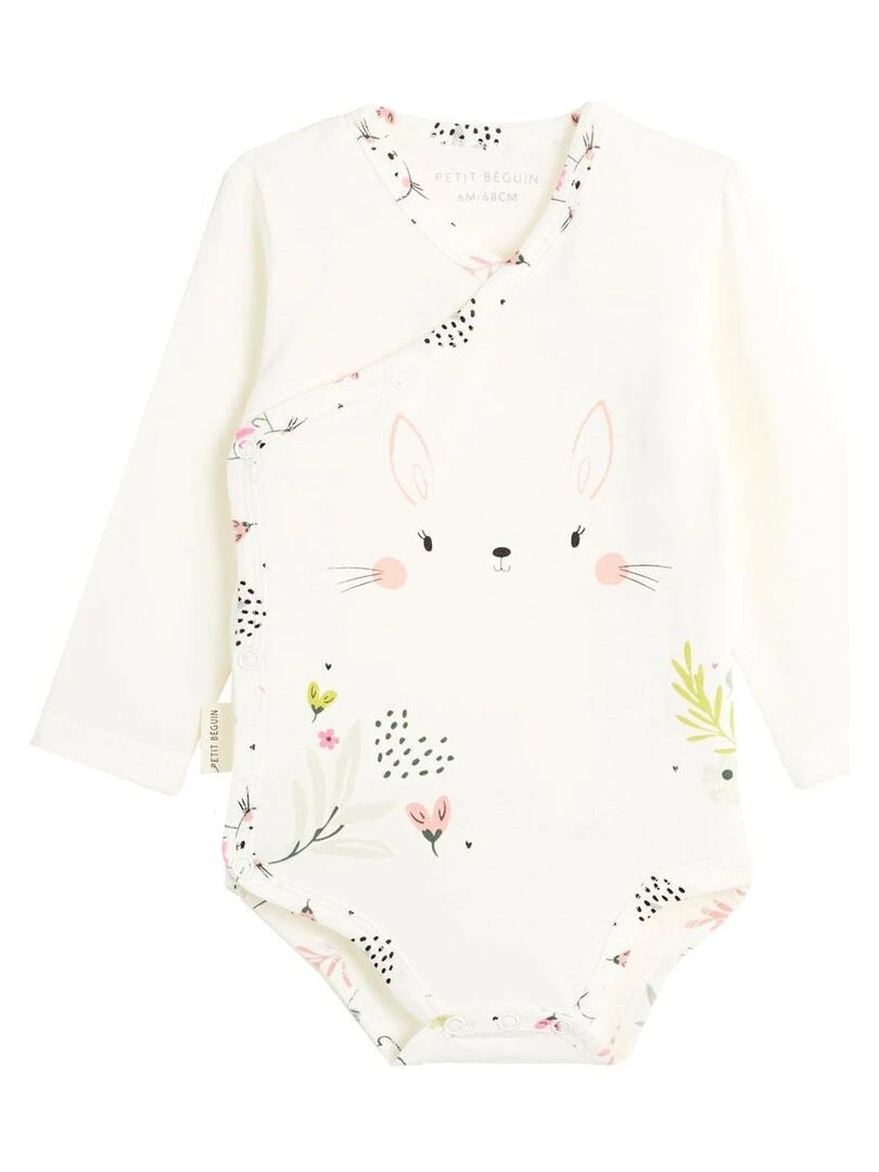 Lot de 2 bodies bébé manches longues ouverture croisée Happy Bunny Ecru