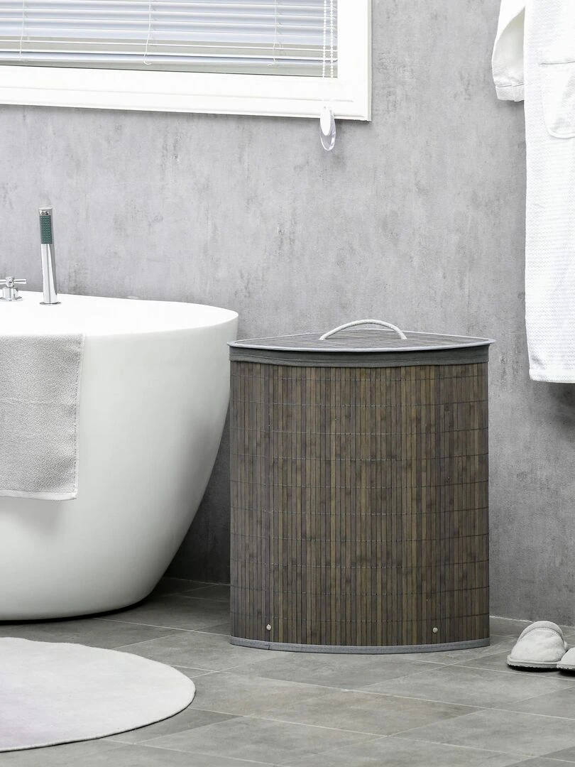 Panier à linge d'angle 55 L bambou housse tissu Gris