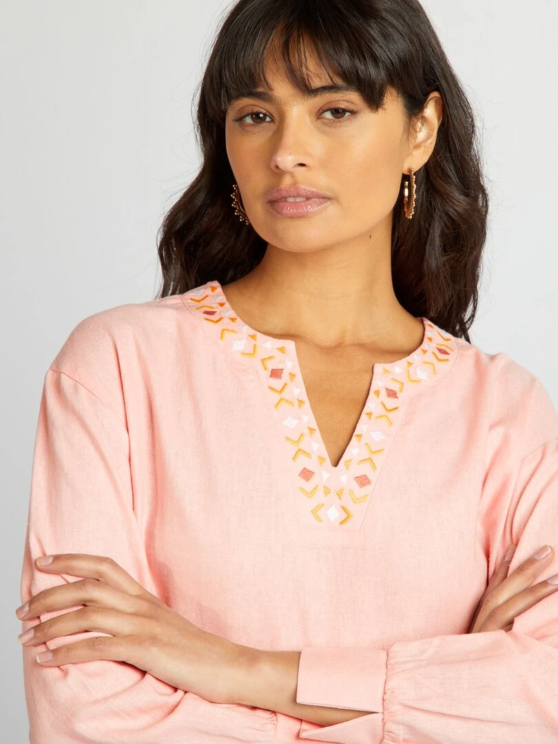Blouse longue en lin avec col tunisien   Rose