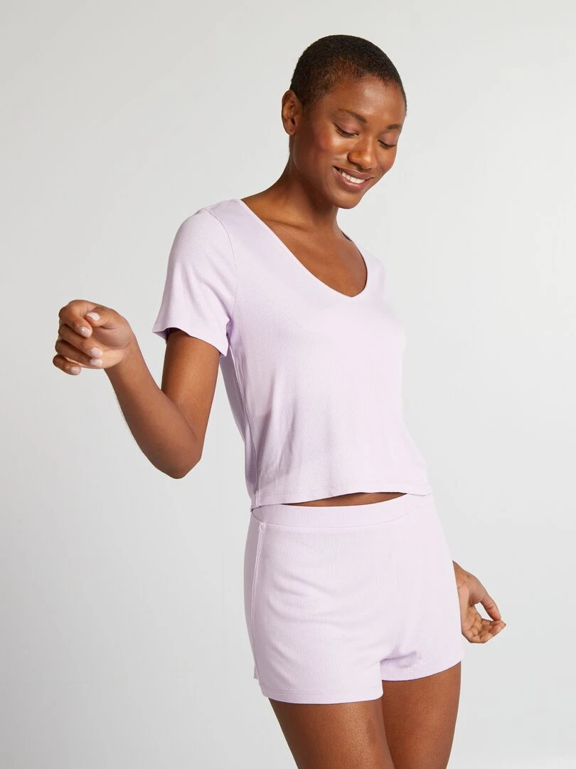 Pyjama short maille côtelée 2 pièces Violet