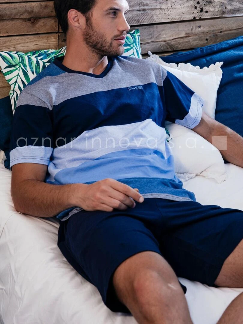 Tenue d'intérieur pyjama short t shirt Stay Stripes bleu   Bleu