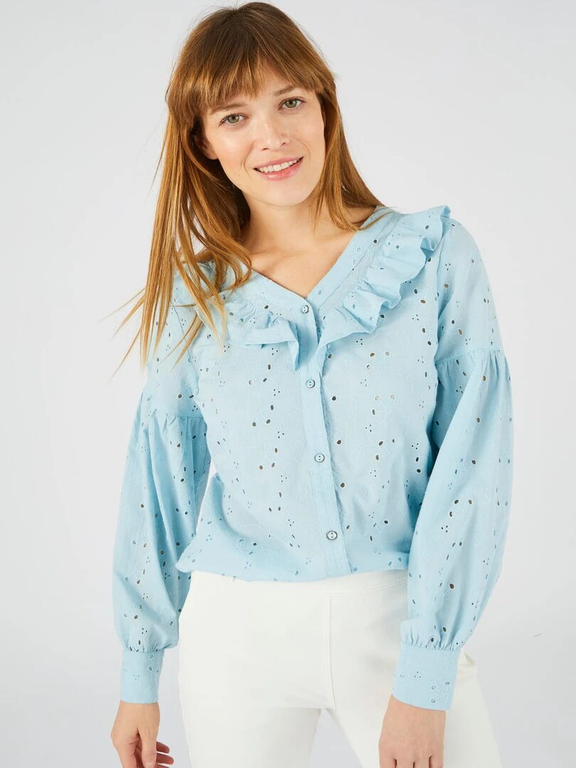 Chemisier à volants broderie anglaise Damart Bleu turquoise