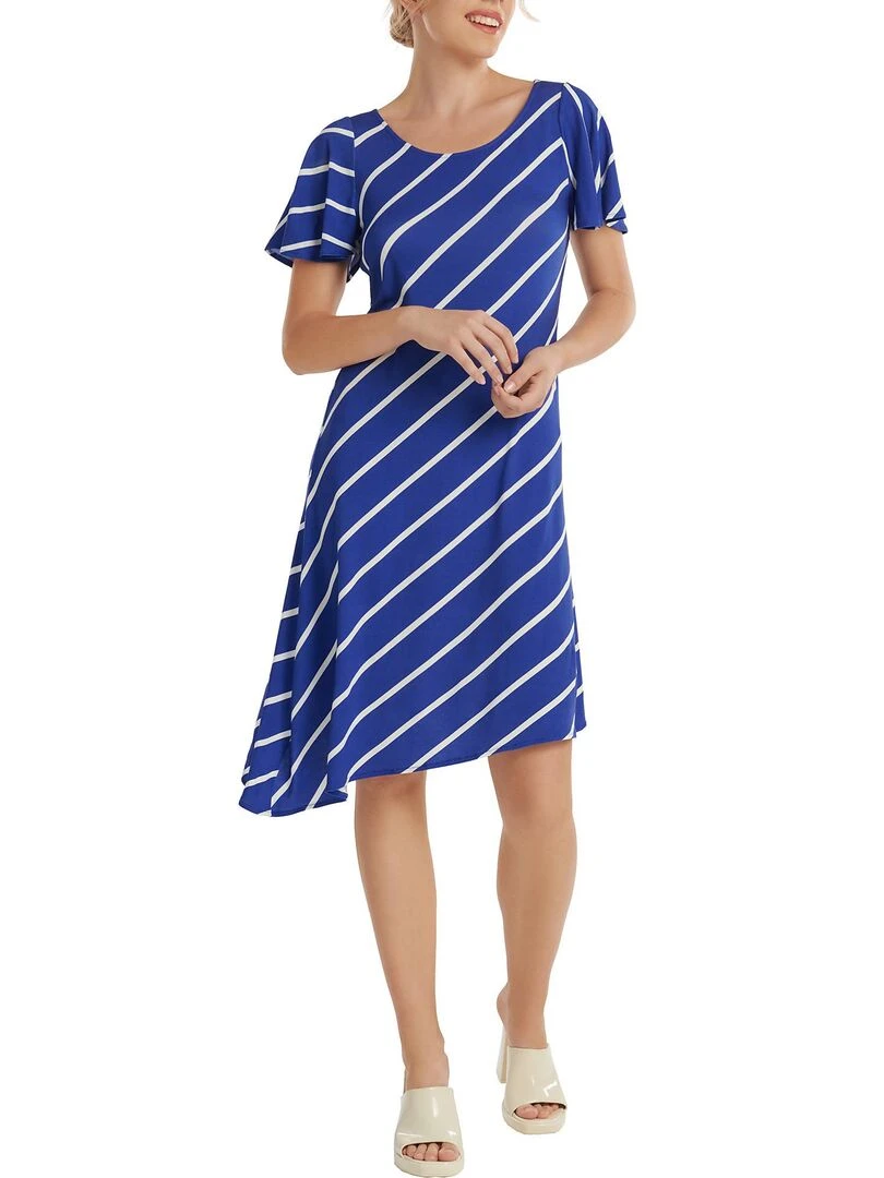 Robe estivale asymétrique manches courtes Rhodes   Bleu