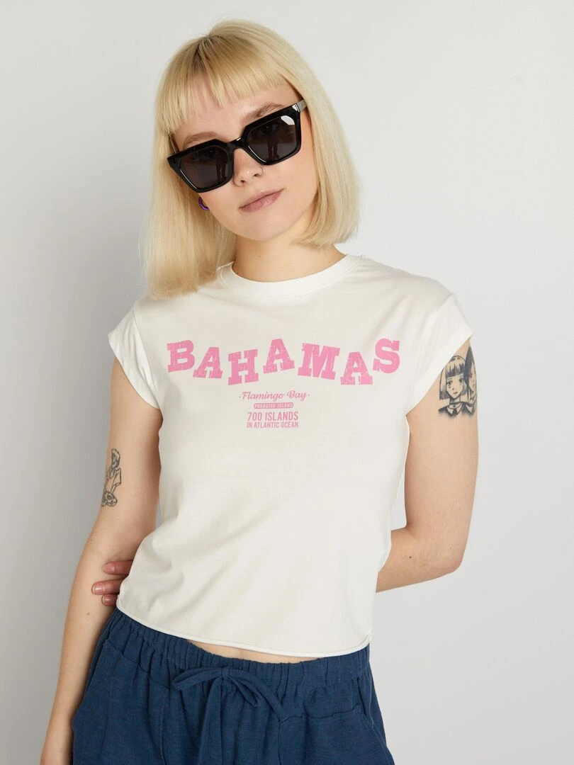 T shirt cropped stretch imprimé Rose