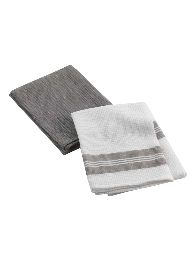 Lot de 2 torchons Collection Nid d'abeille bicolore gris anthracite