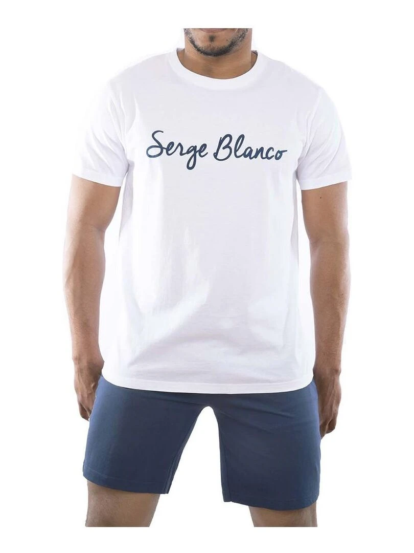 Ensemble homme Pyjama court T shirt col rond bicolore Serge Blanco Blanc