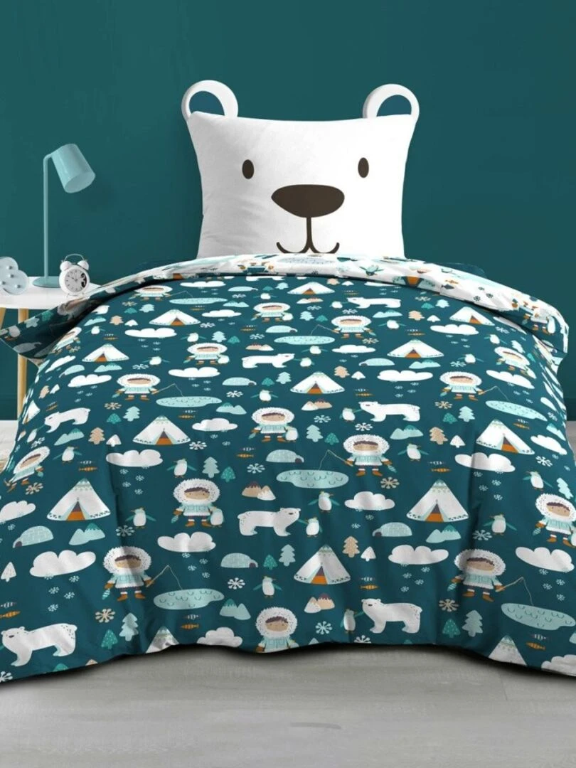 Housse de couette 140x200 + taie Igloo coton 42 fils Bleu