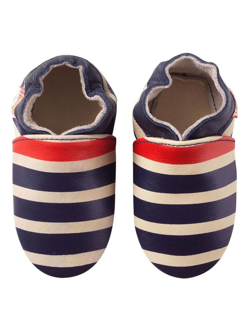 Chaussons bébé cuir souple Marcus rayé marine et rouge Beige