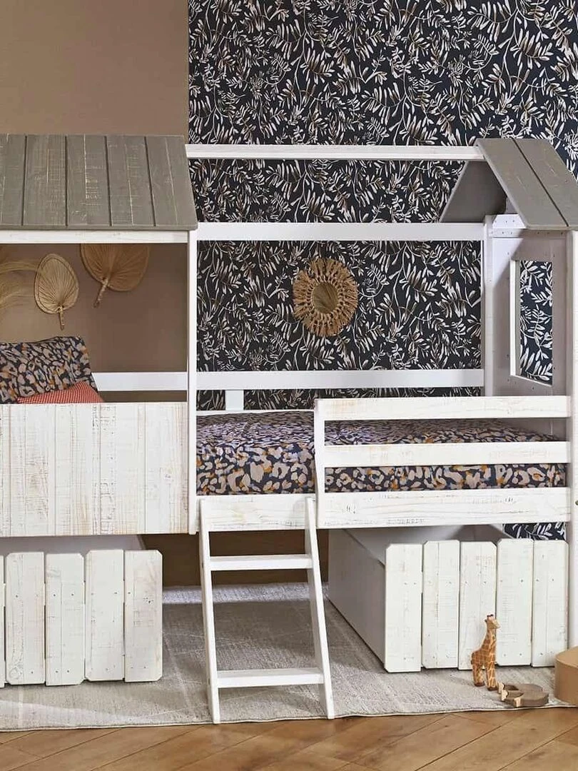 Lit cabane avec matelas Lao   AKITEN RETAIL   Blanc Gris