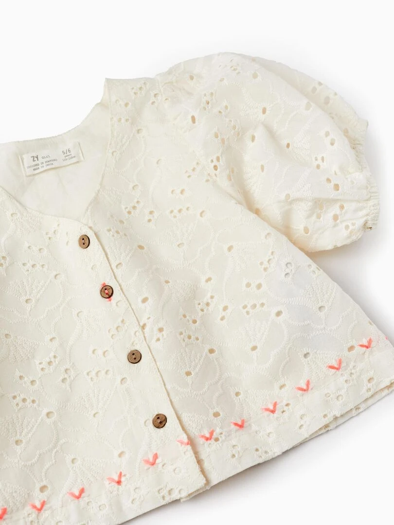 Top Blouse En Coton Avec Broderie Anglaise Pour Fille manches courtes   Blanc