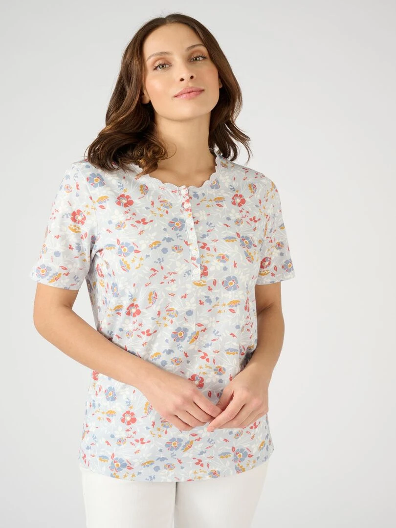 Tee shirt col rond fantaisie en pur coton. Damart Bleu