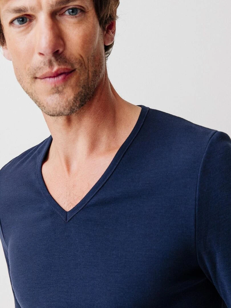 T shirt col V  maille interlock Thermolactyl   Damart   Bleu marine