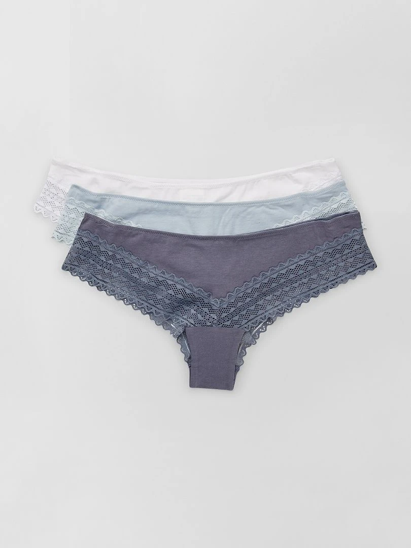 Lot de 3 tangas coton dentelle gris/bleu/blanc