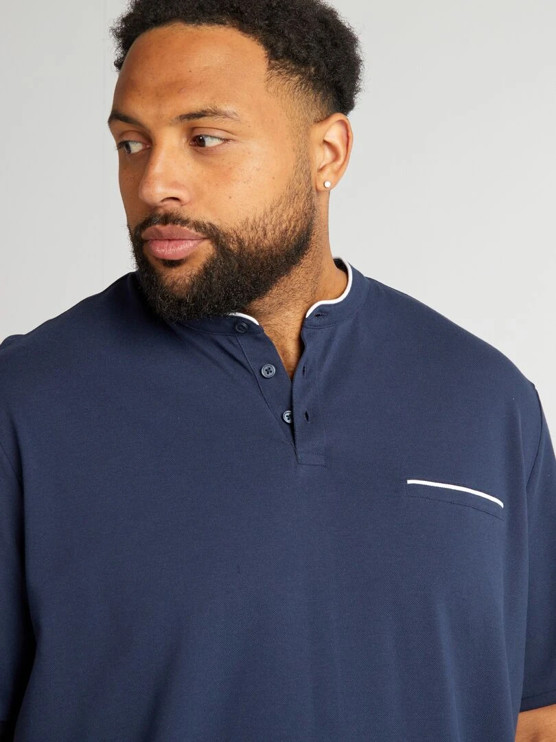 Polo en piqué de coton à col   Bleu marine