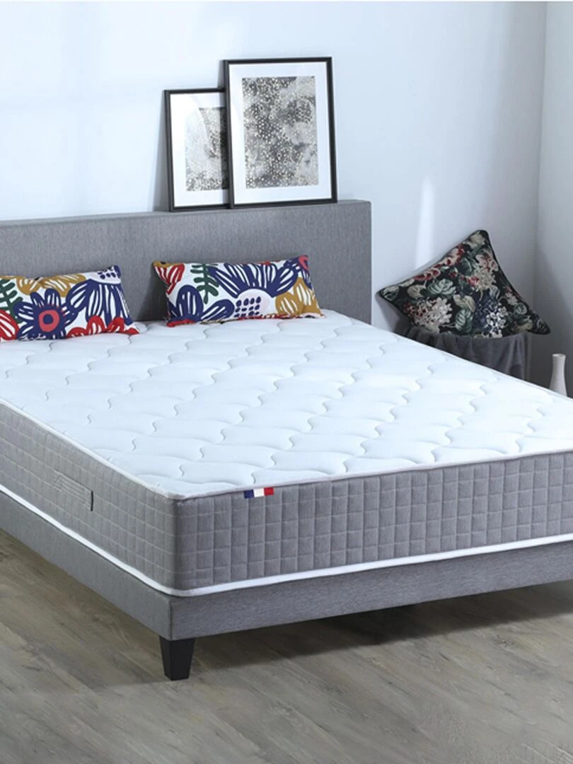 Ensemble Matelas Ressort 7 zones H.30cm + Sommier + couette + oreillers Fabriqué en France MAX Blanc Gris