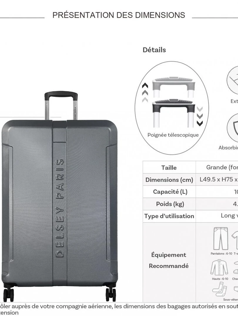 Grande valise rigide extensible Départ TSA 75cm ABS Gris