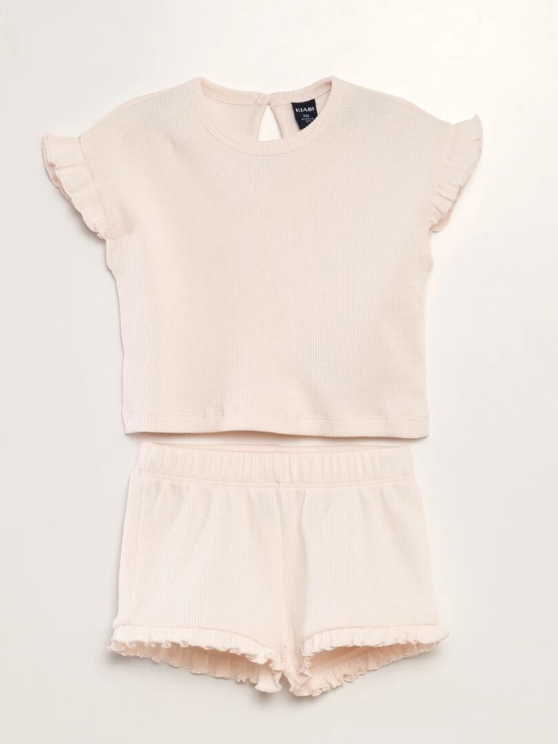 Ensemble t shirt + short en maille gaufrée 2 pièces Rose