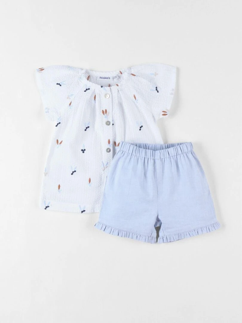 Set blouse brodé fleuri + short écru/bleu ciel Noukie's Bleu