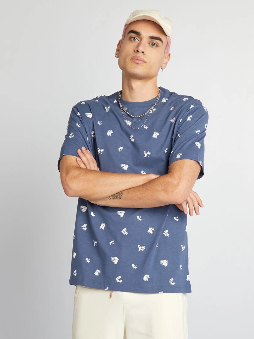 T shirt à col rond avec imprimé   Bleu