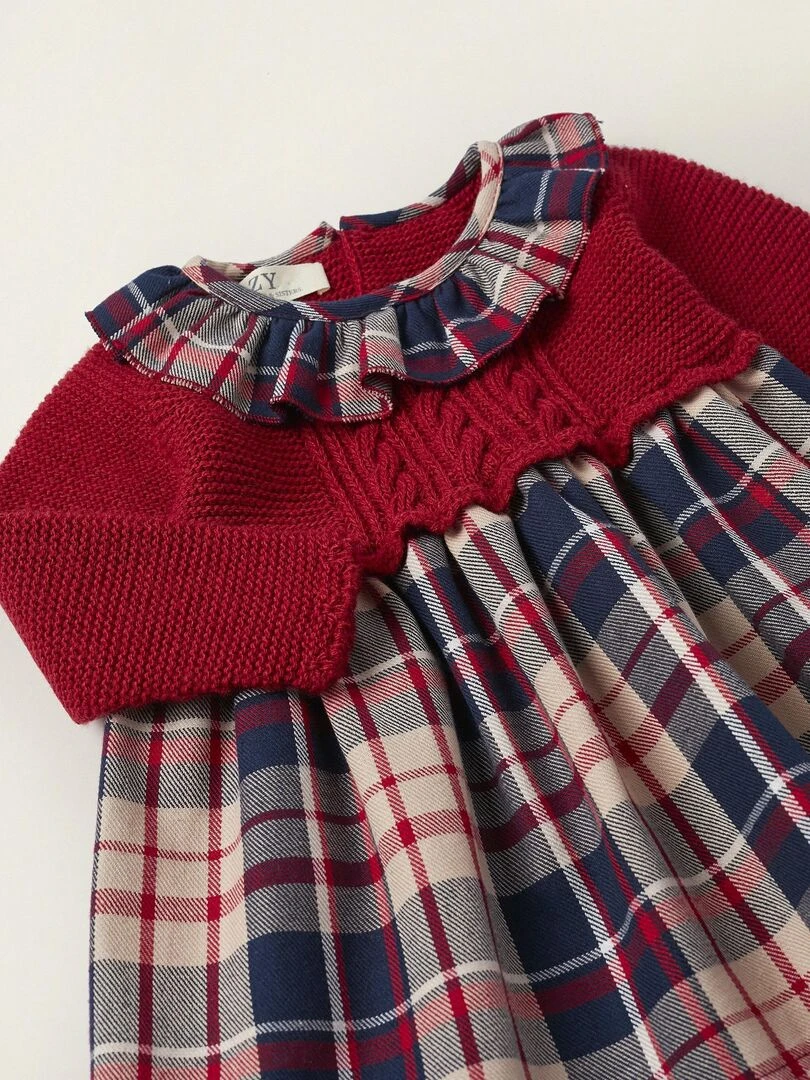 Robe à carreaux en maille et coton pour nouveau né 'B&S' manches longues  NOËL   Rouge foncé