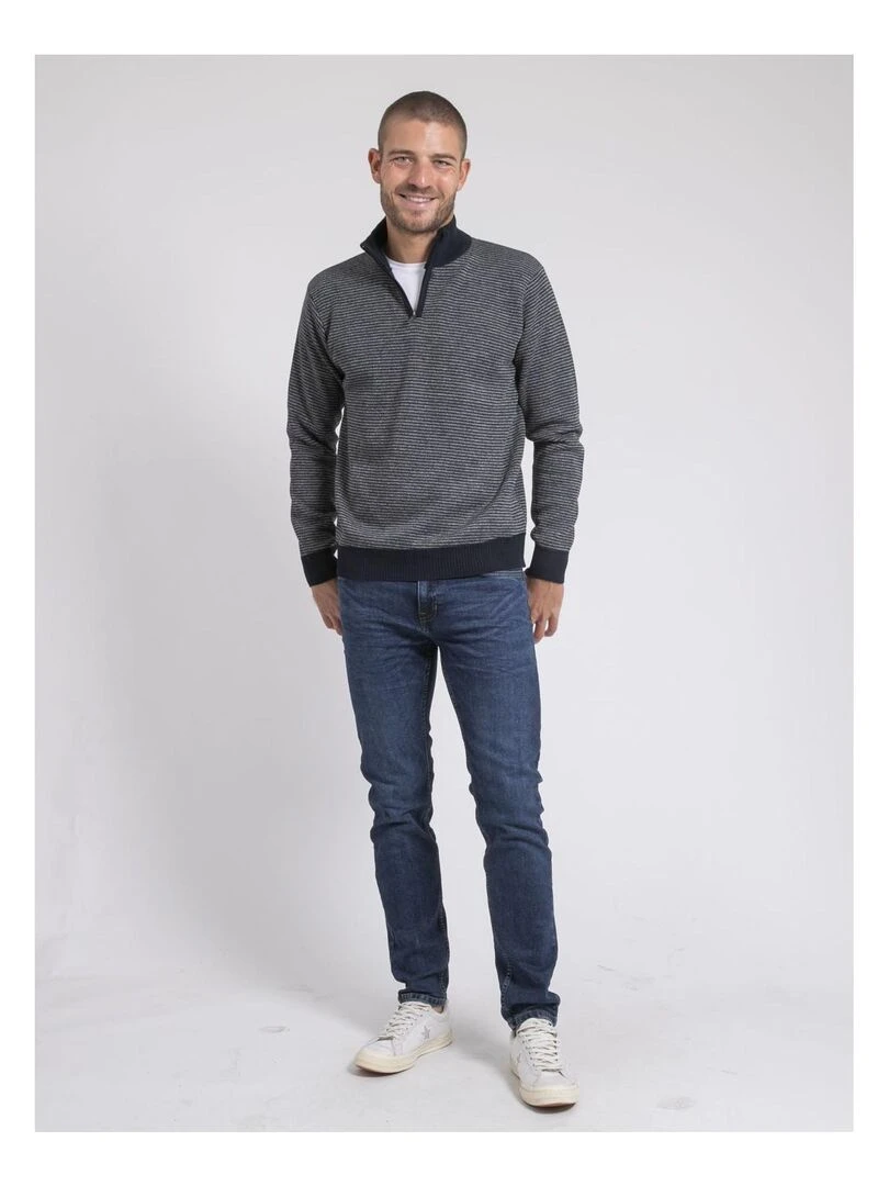 Pull col montant zippé rayures LIMEROU   Bleu marine