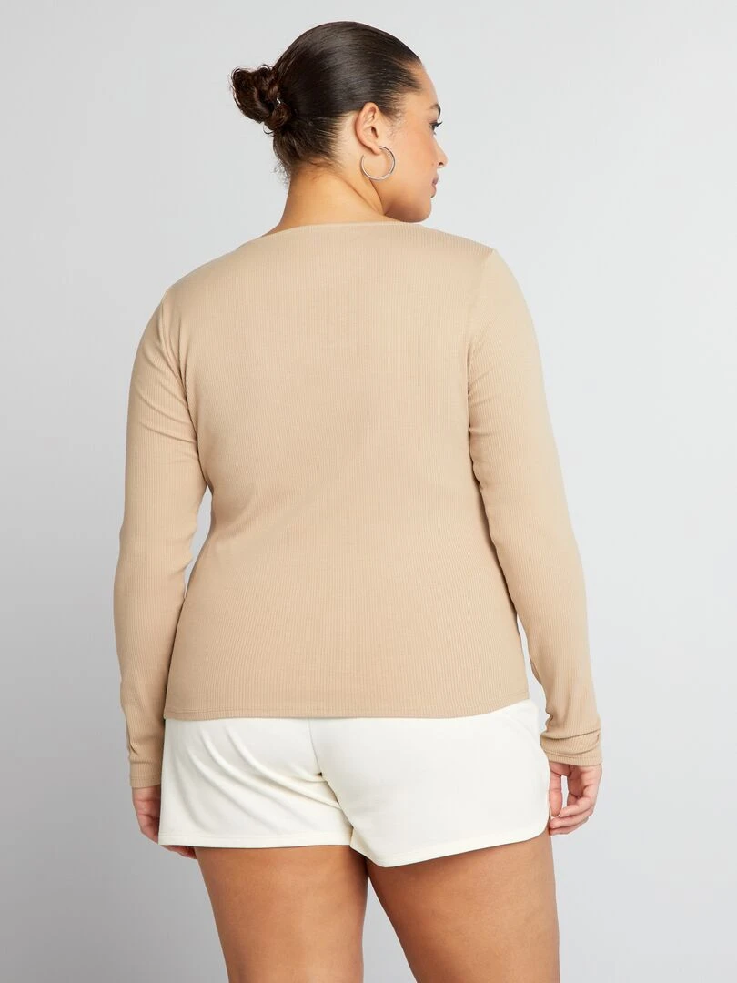 Tee shirt côtelé à encolure carrée   Beige